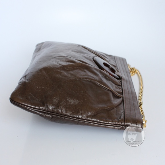 Morris Moskowitz Clutch Shoulder Bag Brown Leather Mod Resin Ring Chain Strap - Picture 6 of 11